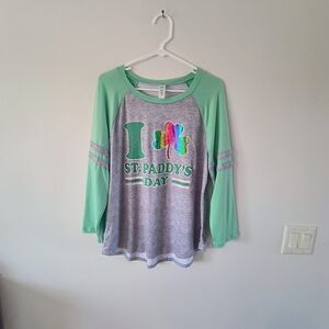 St Patricks Day I Love Shamrock Raglan Graphic Tee Green Gray XL